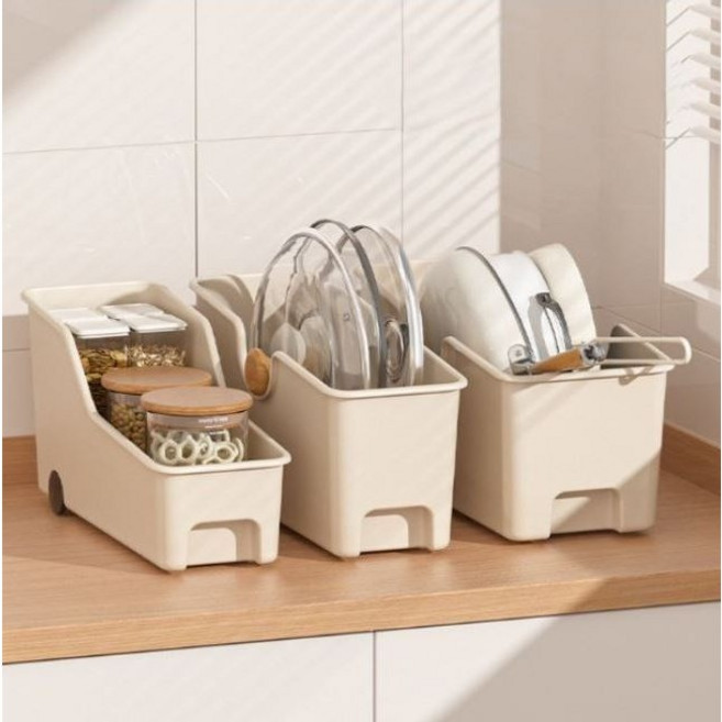 [3개 세트] 소소온 간편 슬라이드 주방 수납함 후라이팬 수납 라면 조미료 수납 바퀴형, 3개, 베이지