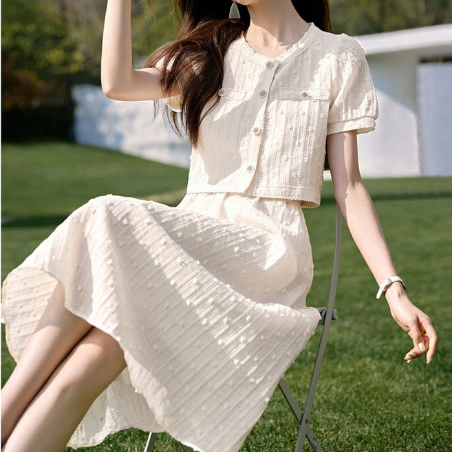 지고다그 여성 여름 반팔 블라우스 스커트 세트 트위드 패턴 미니 원피스 세트 YZH72630