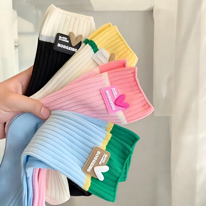 데일리 하트 라벨 포인트 여성용 컬러 중목 양말 4켤레 세트