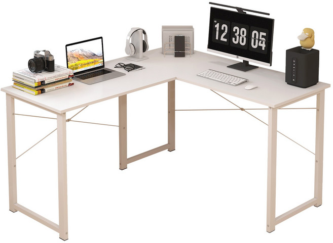 L型多用途轉角電腦桌 桌面寬敞 適合書房臥室辦公室, 白色白腳架