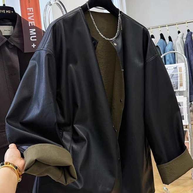 Seofst 여성 루즈핏 양면 레더 자켓