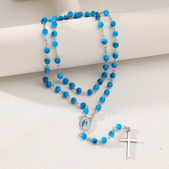 [천주교 묵주 5단] 모모상점 터키블루 비즈 묵주 성모 마리아 십자가 묵주 목걸이 겸용 수공예 성물