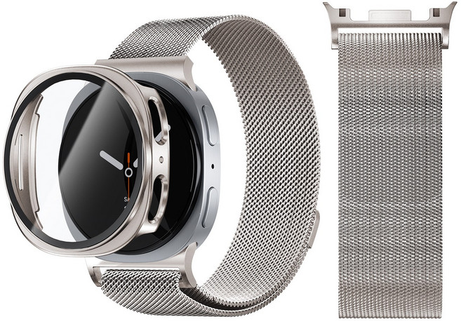 AITEWO 갤럭시워치 애플워치 호환 스트랩 마그네틱 밀레니즈 메탈 밴드 시계줄 액정보호 강화유리 풀커버 케이스 세트, 1개, 스타라이트