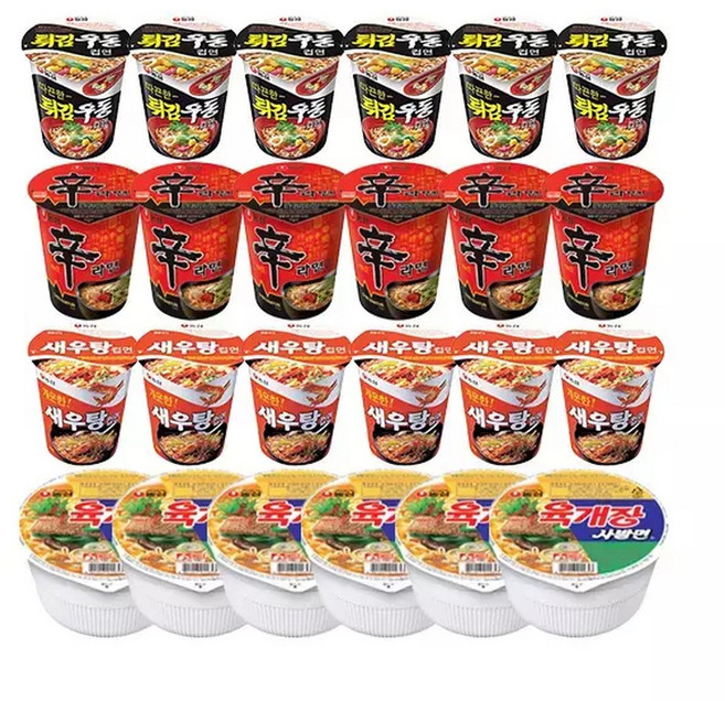농심 신라면컵 65g 6개입 + 튀김우동컵 62g 6개입 + 새우탕컵 67g 6개입 + 육개장사발면 86g 6개입, 6개