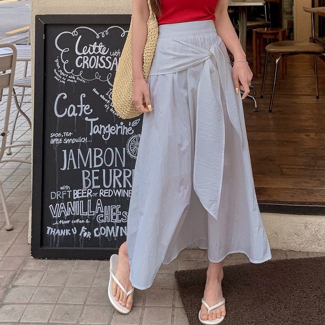 떳다그녀 그레나 매듭 스트랩 플레어 밴딩 하이웨스트 데일리 무지 벨트 치마 여름 A라인 롱스커트