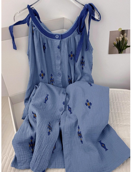 여성 여름 프린트 끈나시 롱 잠옷원피스 얇은 홈웨어 파자마