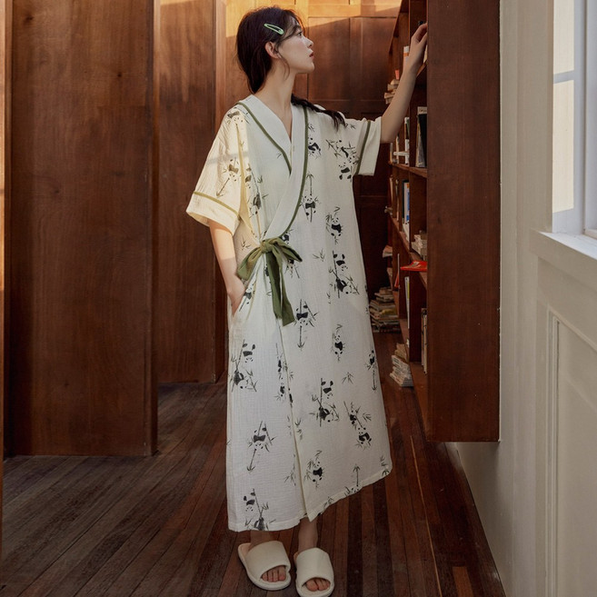 빅사이즈 유카타 원피스잠옷 팬더 여성 노브라 캡내장 홈웨어 잠옷 여자 파자마