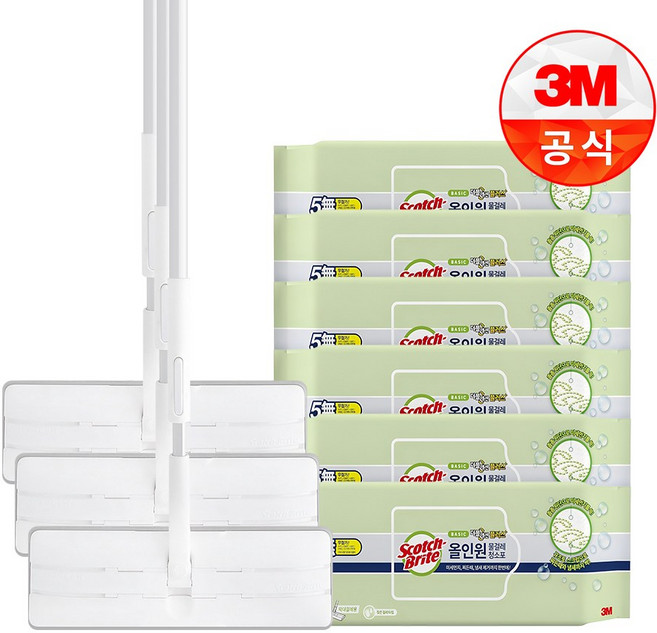 스카치브라이트 올터치 더블액션 막대걸레 대형 + 베이직 미세먼지 물걸레 청소포 더블액션 플러스 대형 25매 x 2p, 3개