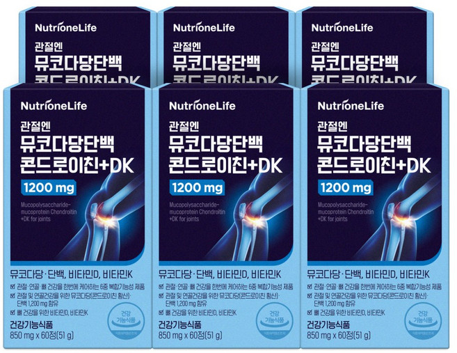[본사출고] 뉴트리원 관절엔 뮤코다당 단백 콘드로이친 +DK 1200mg 소연골추출물 관절 뼈 건강 집중케어 골다공증 완화 비타민D 비타민K 1일 1회 1일 2정, 60정, 6박스