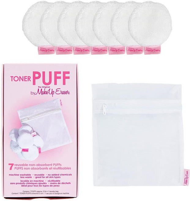 MakeUp Eraser Toner Puff 7피스 세트 재사용 및 세탁기 세탁 가능한 라운드 세탁 가방 포함