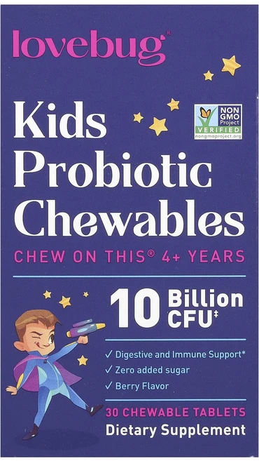 LoveBug Probiotics 어린이용 프로바이오틱 4세 이상용 베리 맛 100억CFU 츄어블 30정, LoveBugProbiotics어린이용프로바이오틱4세이, 1개 - 쿠팡