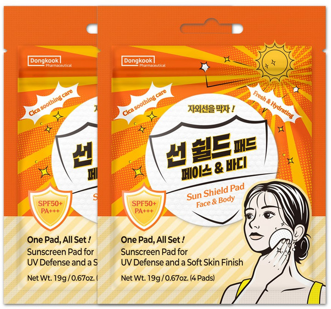 동국제약 마데카 선쉴드 패드 4매 자외선차단 선케어 피부결정돈 피부진정 미세먼지케어 피지케어 화잘먹패드 간편선케어, 2개, 19g