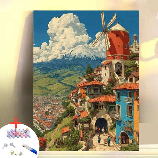 글로윅 DIY명화그리기 피포페인팅 그림그리기 유화 세트, 40*50cm, 04풍차, 1개