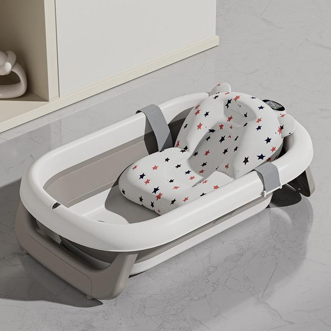 摺疊兒童澡盆 嬰幼兒感溫浴盆 0-8歲可用 加寬大空間浴盆附浴墊 彌月禮物, 輕奢灰,至尊版✨體溫計+浴墊