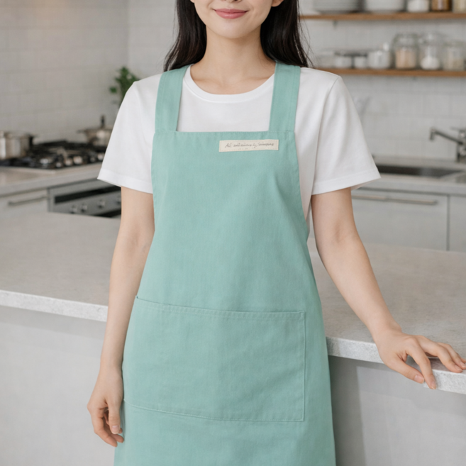 남녀공용 북유럽 스타일 롱 목걸이형 주방 카페 바리스타 앞치마 수납주머니 포함, 1개, 민트