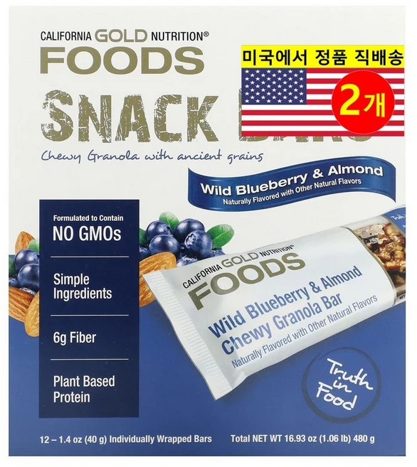 California Gold Nutrition 맛있는 건강 스낵 와일드 블루베리 아몬드 그래놀라 바 12개입 480g 1개, 2개 - 쿠팡