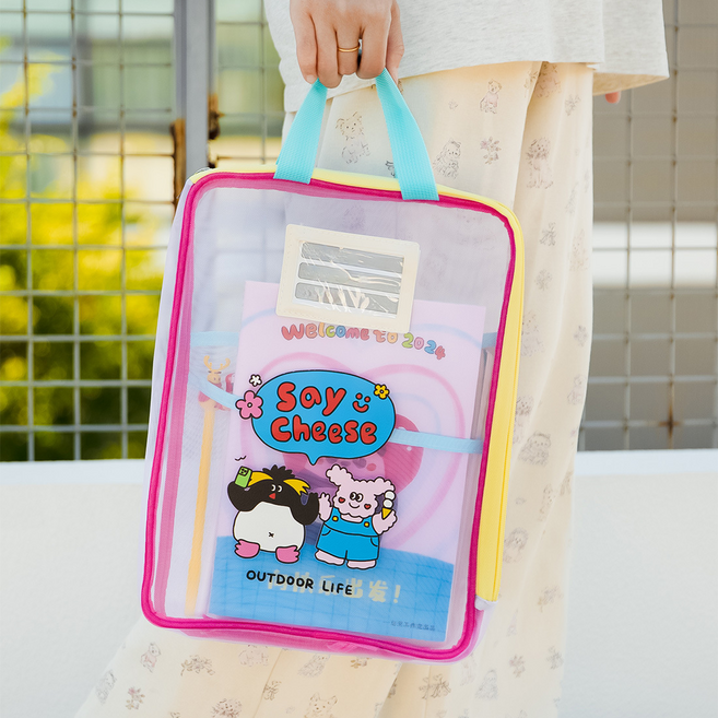 프렌즈 메쉬 캐릭터 지퍼 서류 가방 손잡이 파일케이스 보조가방, 1개, 핑크