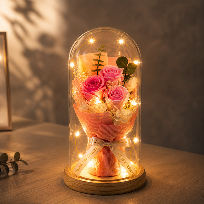 고급스러운 생화 프리저브드 장미 꽃다발 유리돔 무드등 LED 선물 건전지 포함, 핑크 로맨스