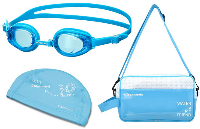 피닉스 아동 3종 생존수영 세트 I_아쿠아 프리미엄 강습용 남성 여성 공용 수모, 아쿠아
