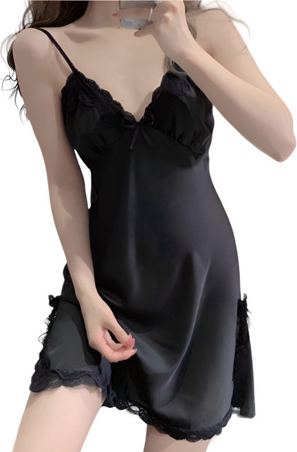 다스미엘 부드러운 실키 여자 리본 레이스 슬립 나시 원피스 잠옷 여성 파자마 홈웨어 사계절용 RO-01