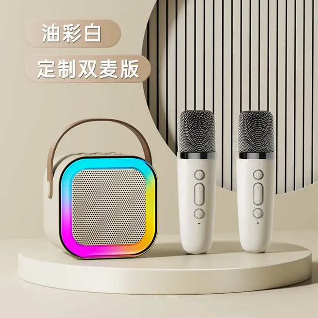 無線麥克風音響一體K歌音箱 套裝, K12米白色, 官方標配 黑色雙麥版 雙麥