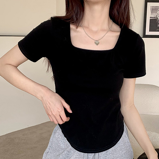 제이리스트 허얇골넓 밑단굴림 스퀘어넥 반팔 티셔츠 핏보장 꾸안꾸 데일리룩 PS-C060S