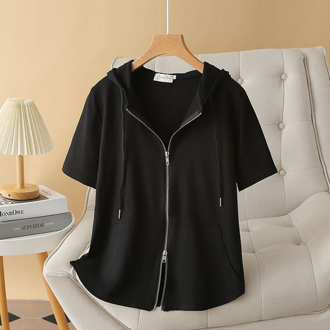 ROYALBELLE 여성 후드 집업 반팔 티셔츠 루즈핏 데일리 빅사이즈 캐주얼 카디건 K042817