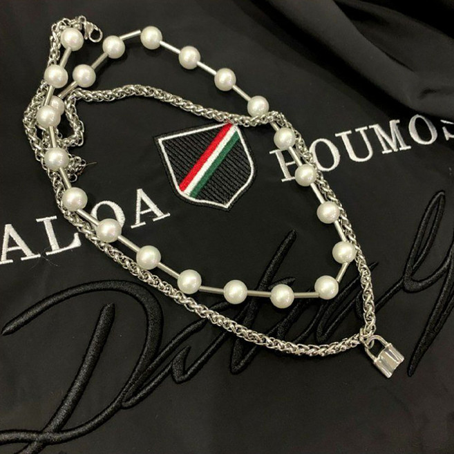 ROYALBELLE 남성 더블 레이어드 진주 체인 심플 트렌디 자물쇠 네크리스 S010703