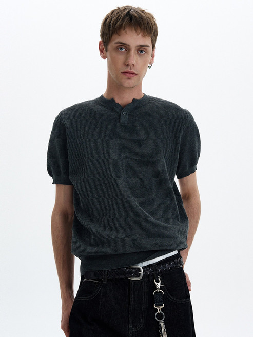 男款亨利領正肩針織休閒短袖, L