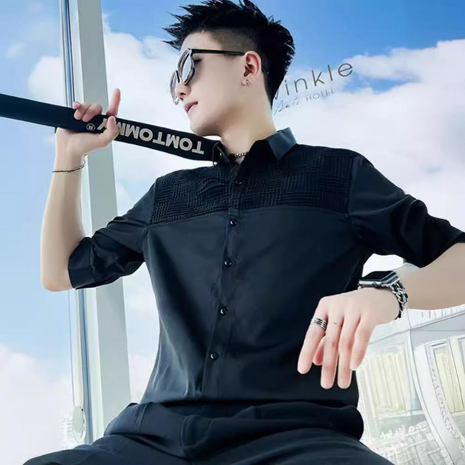 【痞帥潮男】冰絲襯衫 短袖襯衫 七分袖襯衫 潮牌襯衫 夏季襯衫 冰感透氣 垂墜有型 高級感面料 2024夏季新款 半截袖