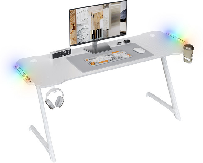 월로덴 게이밍 컴퓨터책상 RGB LED Z형 스틸 프레임 컵홀더 헤드셋거치대 포함, 화이트(160*60*75)