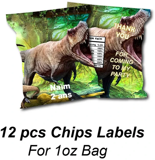 쿠쿠스토어 맞춤형 공룡 주스 파우치 접착 스티커 물병 라벨 칩 가방 상자 태그 생일 축제 파티 품, 01 normal, 03 12 Chips bag