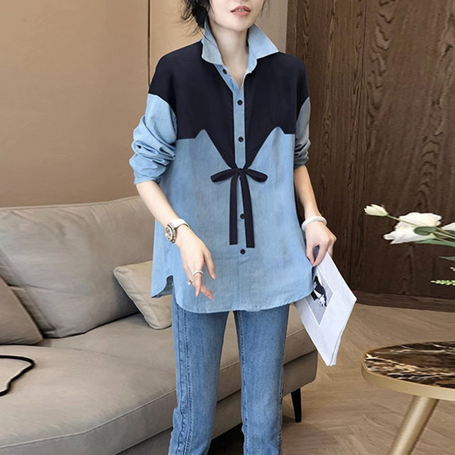 봄가을 루즈핏 칼라 긴팔 롱셔츠 루즈핏 블라우스 패션 리본 스트링 카디건 남방