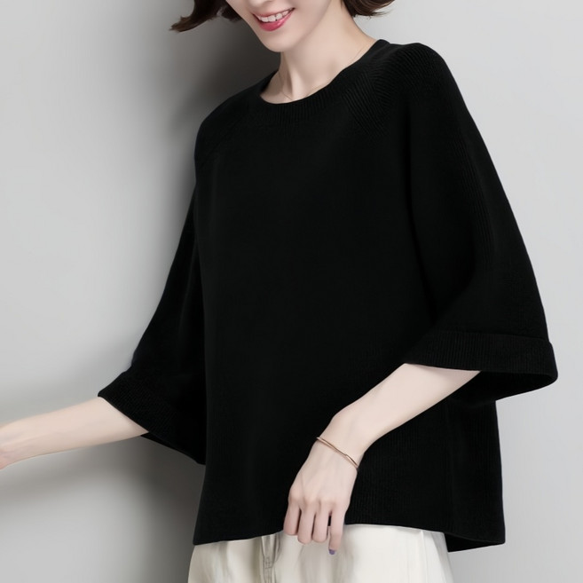 Makone 여성 라운드넥 솔리드 심플 캐주얼 7부 소매 니트 티셔츠 루즈핏