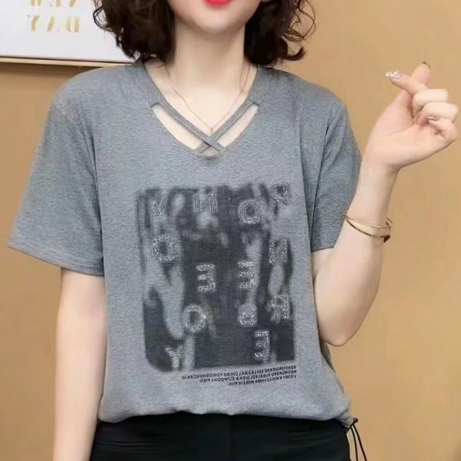 중년 여성 빅사이즈 브이넥 반팔 티 여름 엄마룩 스판 순면 패션 기질 데일리 슬림핏 캐주얼 아우터 상의