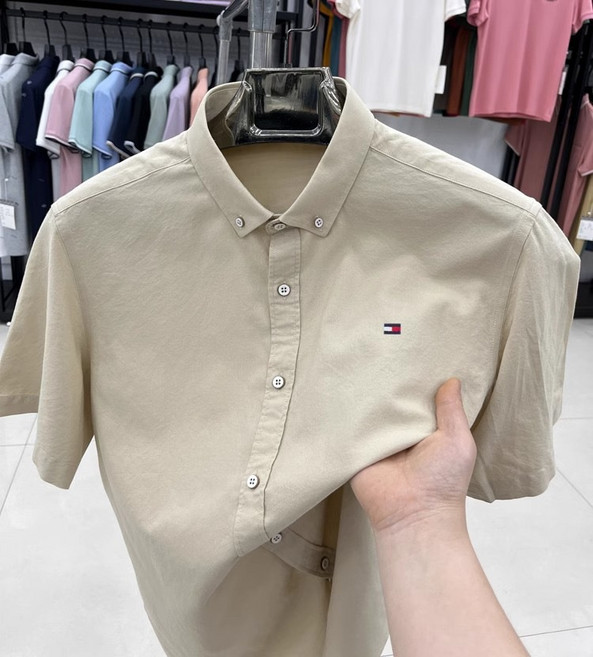 美國湯米男士短袖襯衫夏季新款純棉高檔時尚刺繡打底襯衣免燙男裝