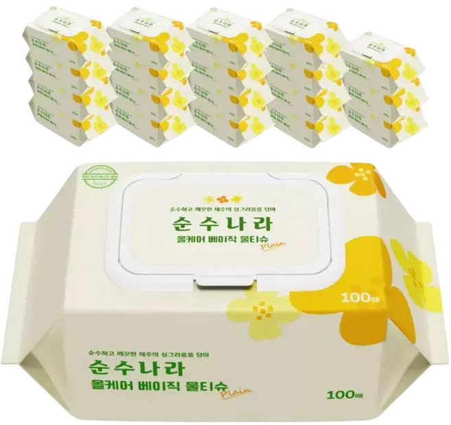 순수나라 올케어 베이직 물티슈 100매 20팩 제주도 식물원료 캡형 물티슈, 20박스, 40g, 100매입