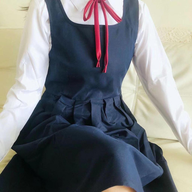 揹帶裙 學院風揹帶裙 韓版甜美裙 寬鬆時尚裙 短袖襯衫 揹帶連衣裙, 白色長袖襯衫+藏青色揹帶裙- 套裝 ,L 110-125 斤, 白色長袖襯衫+藏青色揹帶裙- 套裝
