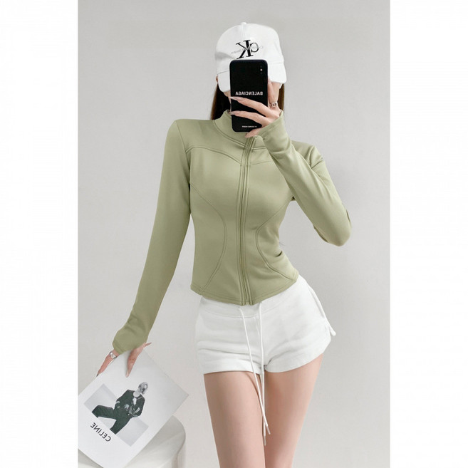 따뜻한 기모 두꺼운 요가 재킷 여성 지퍼 카디건 스탠드 칼라 슬림핏 신축성 긴팔 가을 겨울 상의