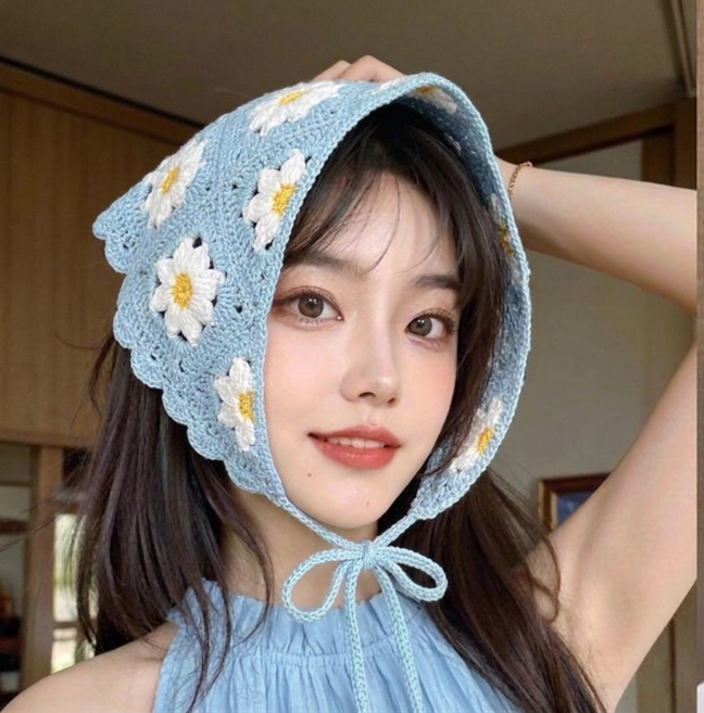 케이랜드 플라워 크로셰 보넷 니트 삼각 두건