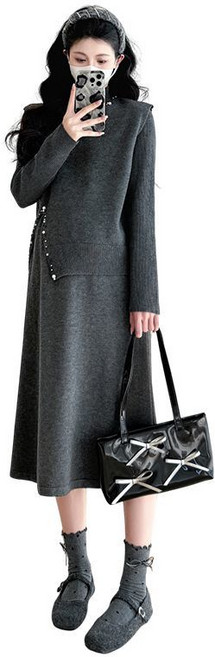 임산부 겨울 스커트 세트 가을 겨울 임부 루즈핏 진주 장식 니트 + 롱 드레스 세트 JS