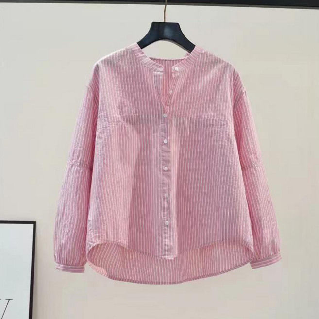 純棉藍色條紋長袖襯衫 女款 春秋新款 韓版寬鬆休閒上衣