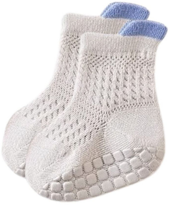 寶寶防滑中筒襪 網眼透氣學步襪 幼兒新生兒止滑襪 淺灰色XS碼 0-1歲適用