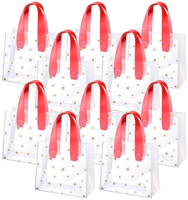 링비츠 데이지 PVC 투명 쇼핑백 구디백 가죽 손잡이 답례품 선물 포장 봉투, 10개, 레드-스몰(V43)