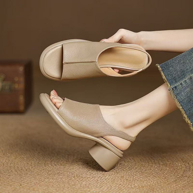 통굽 샌들 여성 여름 소프트 레더 일자 스트랩 오픈토 컴포트 통굽 샌들 4.5cm