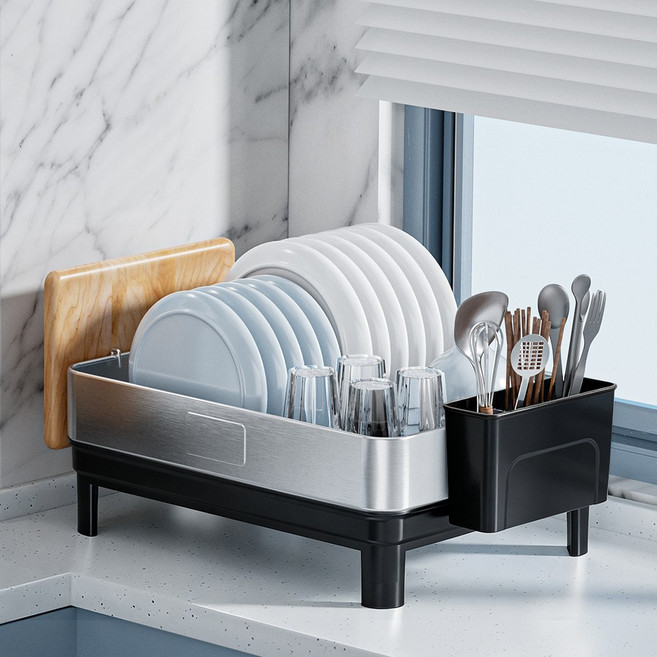 스텐 식기건조대 주방 304 소재 그릇 젓가락 도마 수납대, 1개, 블랙, 1단