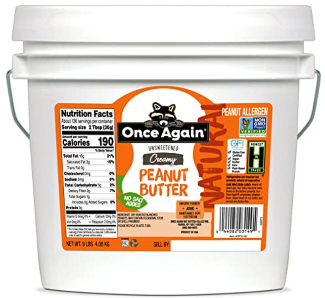 Once Again Natural Creamy Peanut Butter 9lb Bucket (same as 9 jars) - Salt Free Unsweetened -, 1개, 4.08kg