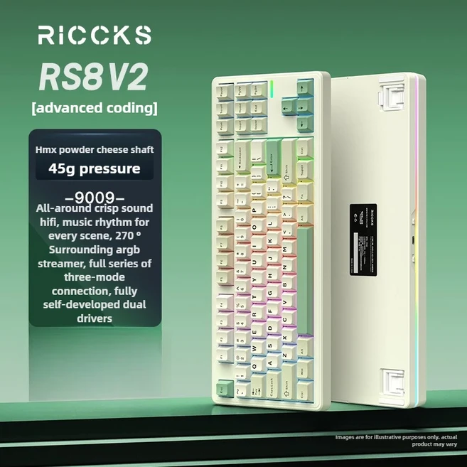Riccks RS8V2 기계식 키보드 무선 블루투스 가스켓 구조 인체공학적 디자인 하이파이 사운드 맞춤형 사무실, 09 9009-Cheese Switch