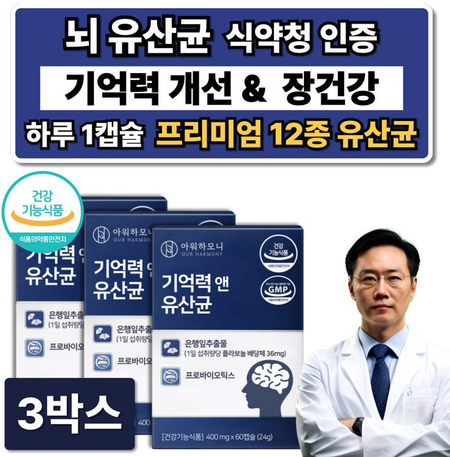 뇌 유산균 복합물 두뇌 뇌건강 기억력 개선 징코 두뇌엔 뇌영양제 식약청인증 브레인 혈행개선, 3박스, 60정