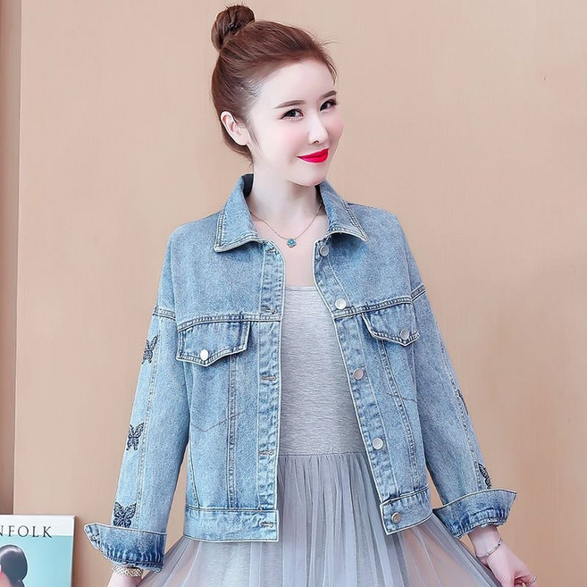 COSYEVNO 여성 데님코트 나비자수 루즈핏 캐주얼 숏 청재킷